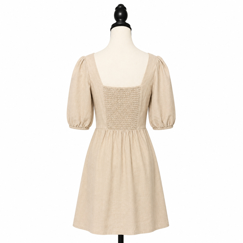 Old Navy Mini Dress Womens Size Medium Beige Linen Blend Smocked Cottagecore NWT - Picture 3 of 11